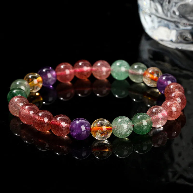 Natural strawberry quartz and tourmaline geometric bead bracelet for women in 7mm, 8mm, and 9mm sizes.
