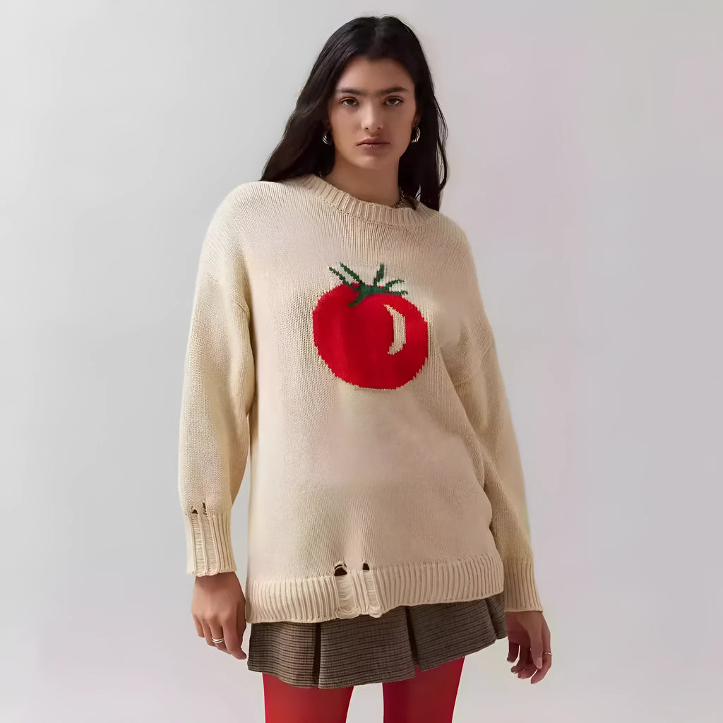 Women's milky white beige acrylic jacquard knit pullover sweater with round neck and long sleeves.