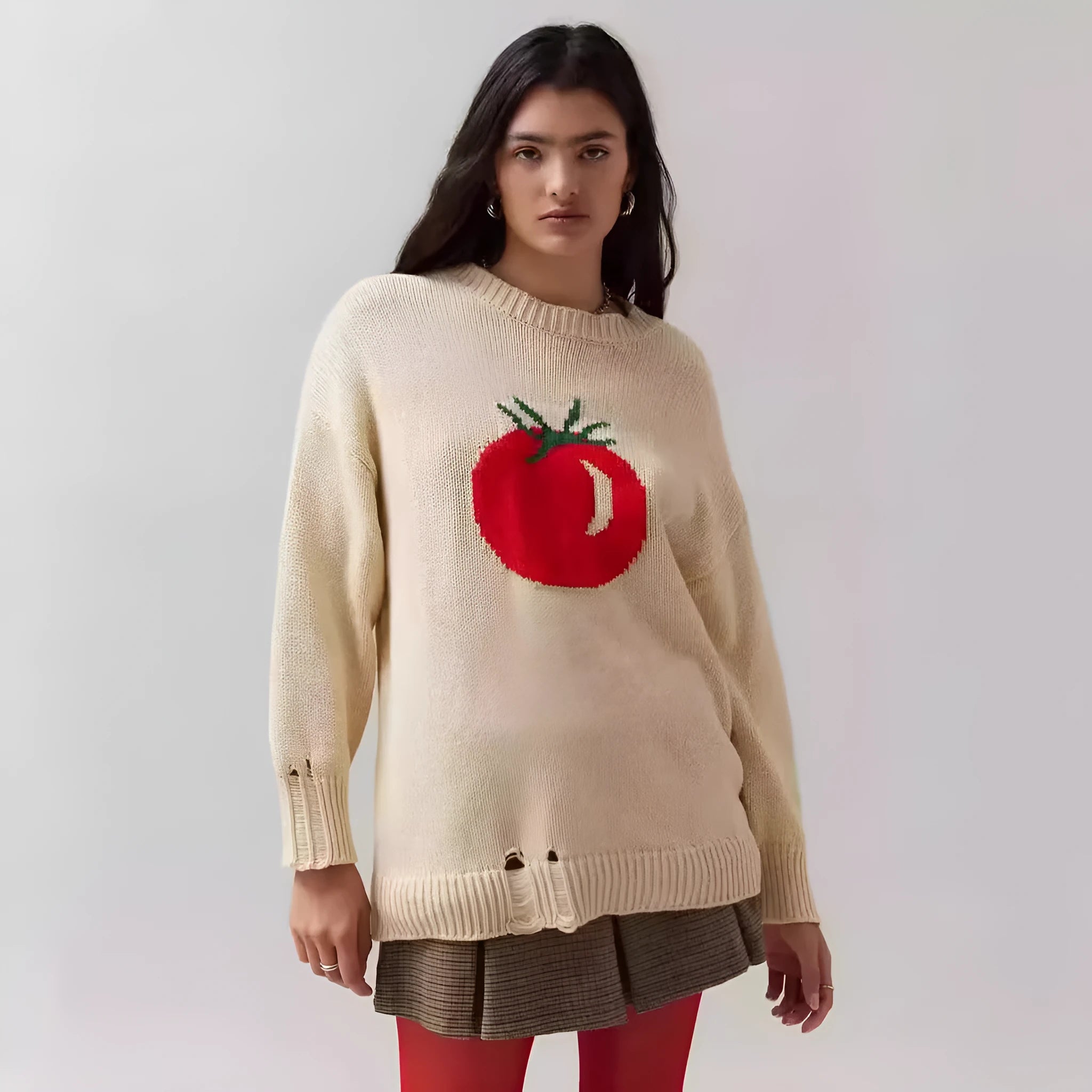 Women's milky white beige acrylic jacquard knit pullover sweater with round neck and long sleeves.