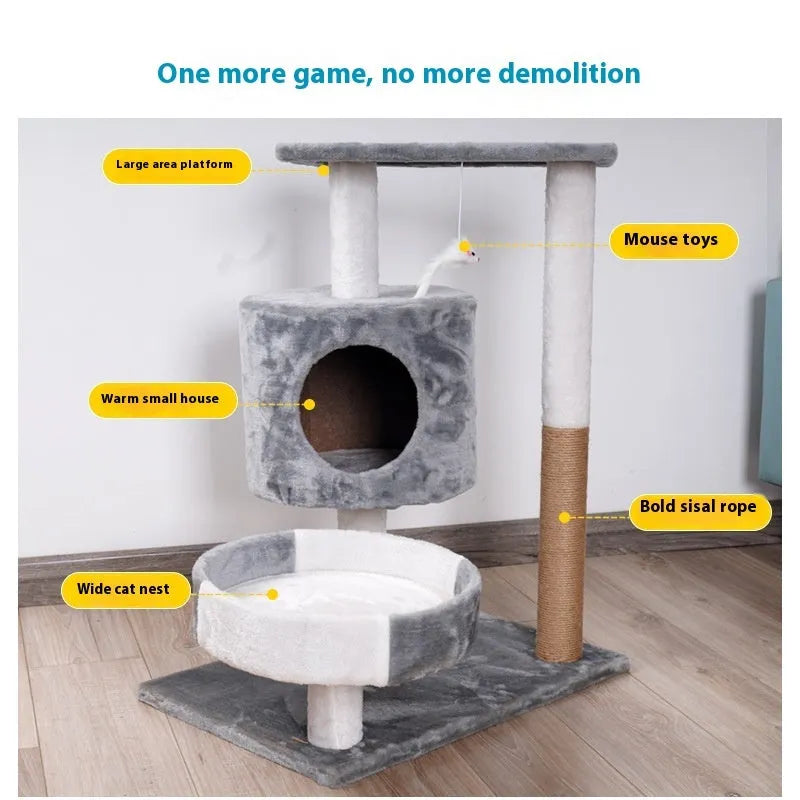 Lepet cat climbing frame with plush material and scratch board in white and brown colour