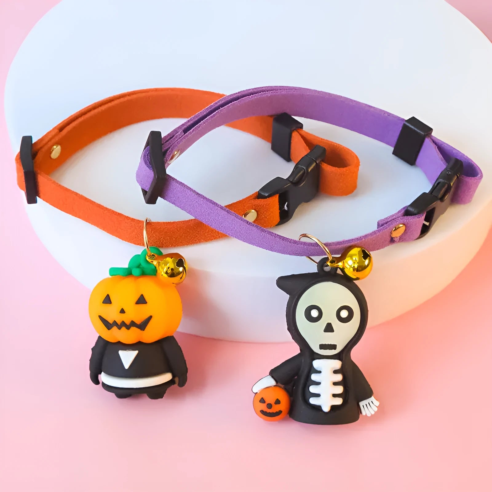 Halloween dog collar decoration showing pumpkin man, luminous brat, and luminous skull cartoon patterns on polyester fabric