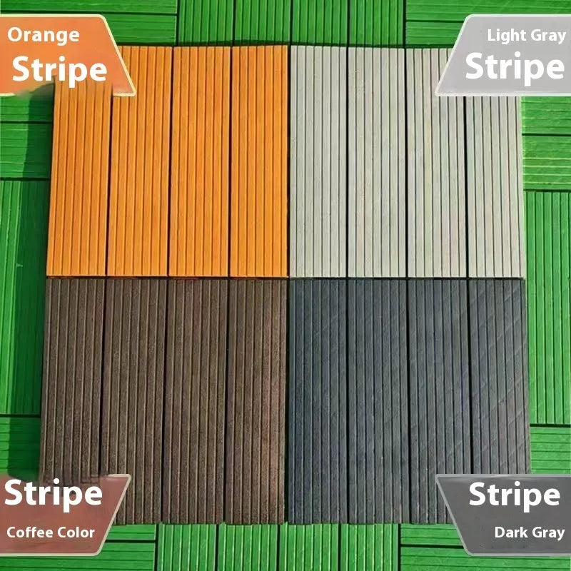 Set of ten square plastic floor tiles with wood grain texture in various colour options.