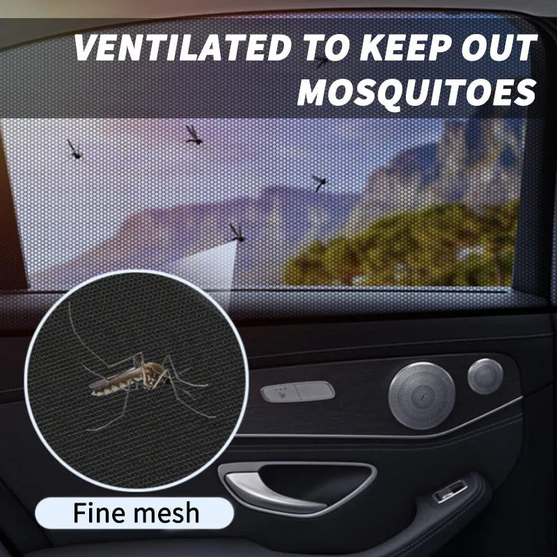 Car side window sunshade mesh installed on vehicle door with elastic strip fixation