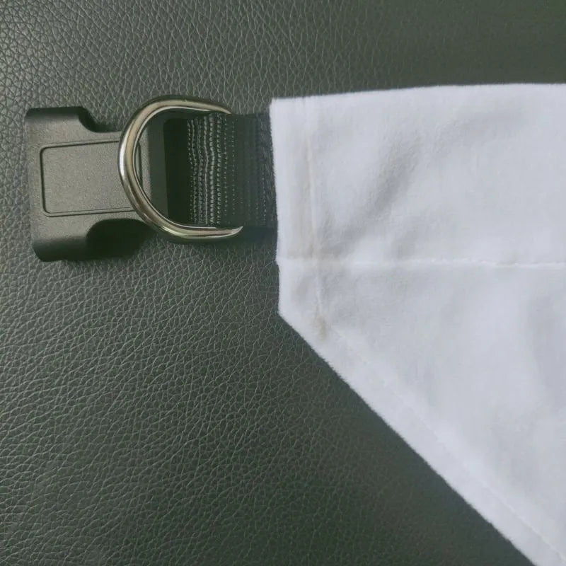 White adjustable polyester dog scarf designed for thermal transfer customisation with four size options