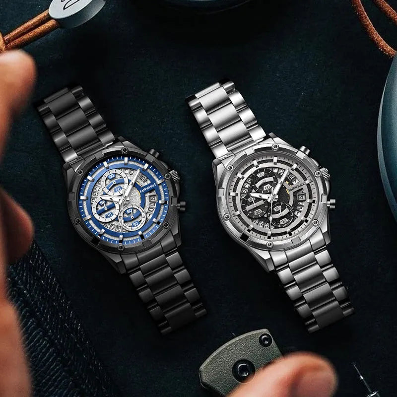 Men's waterproof luminous quartz watch with steel strap showing three colour options