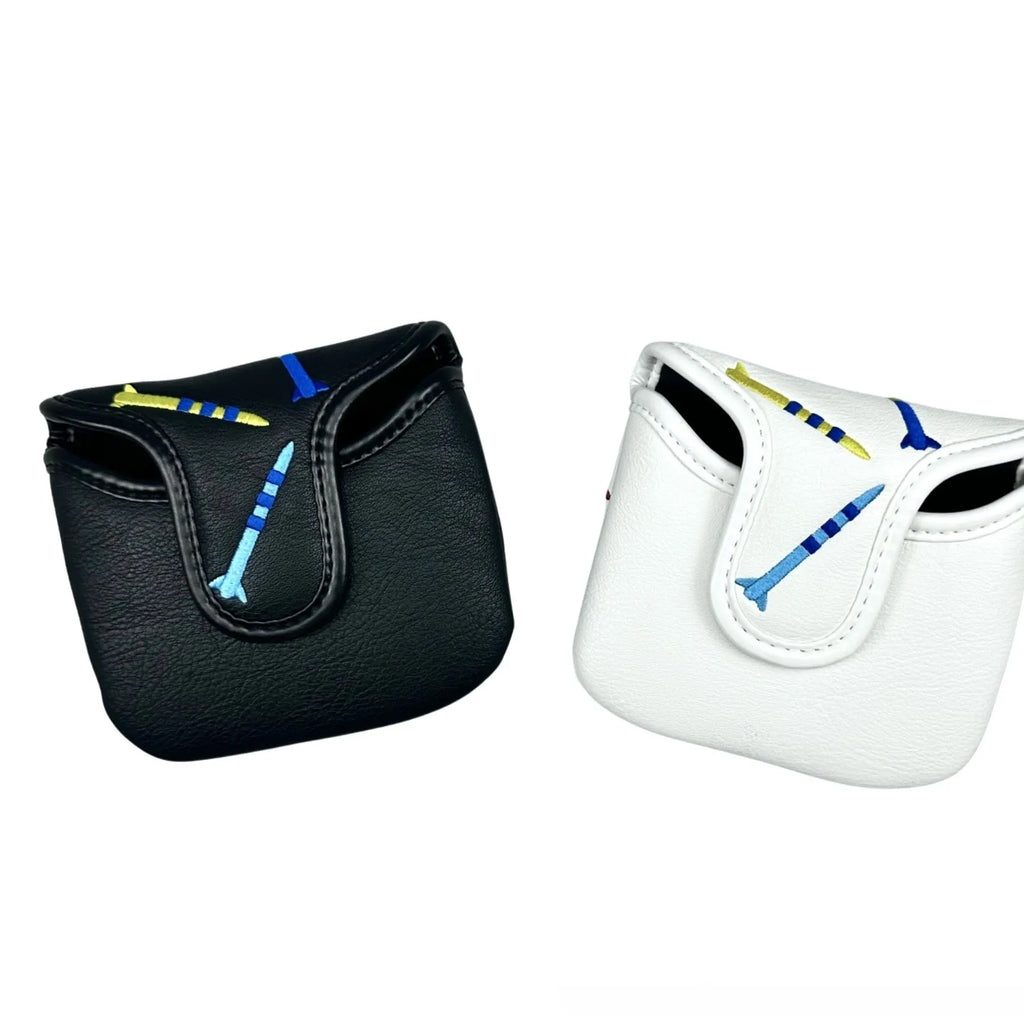 Square golf putter protective sleeve with rocket pattern in black PU leather