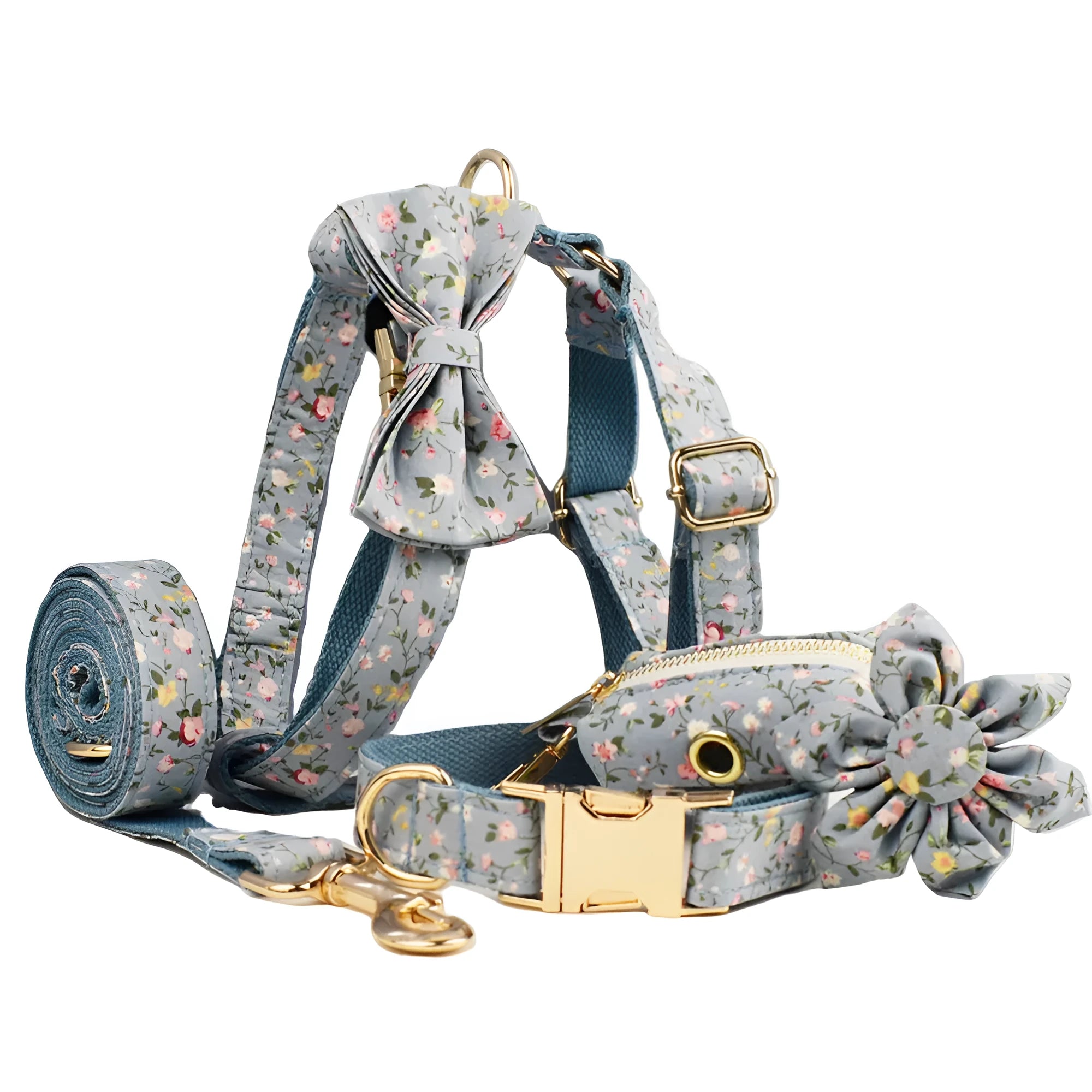 Blue floral cloth dog collar and leash set with bow and vest accessories on a size chart from XS to XL.