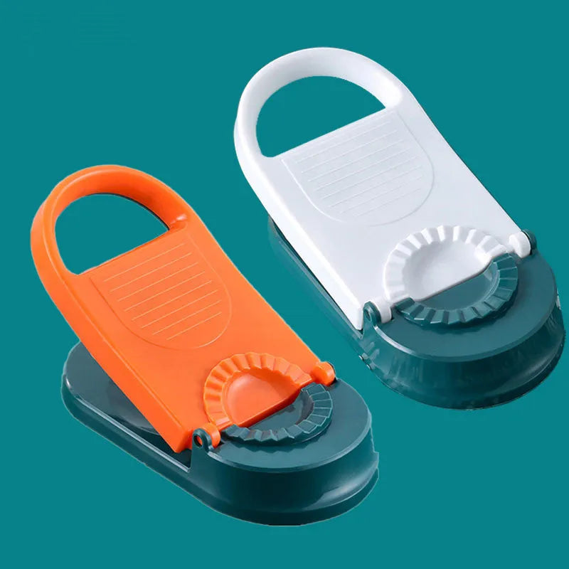 Orange and white 2-in-1 kitchen dumpling making tool with ergonomic handle and hanging hole