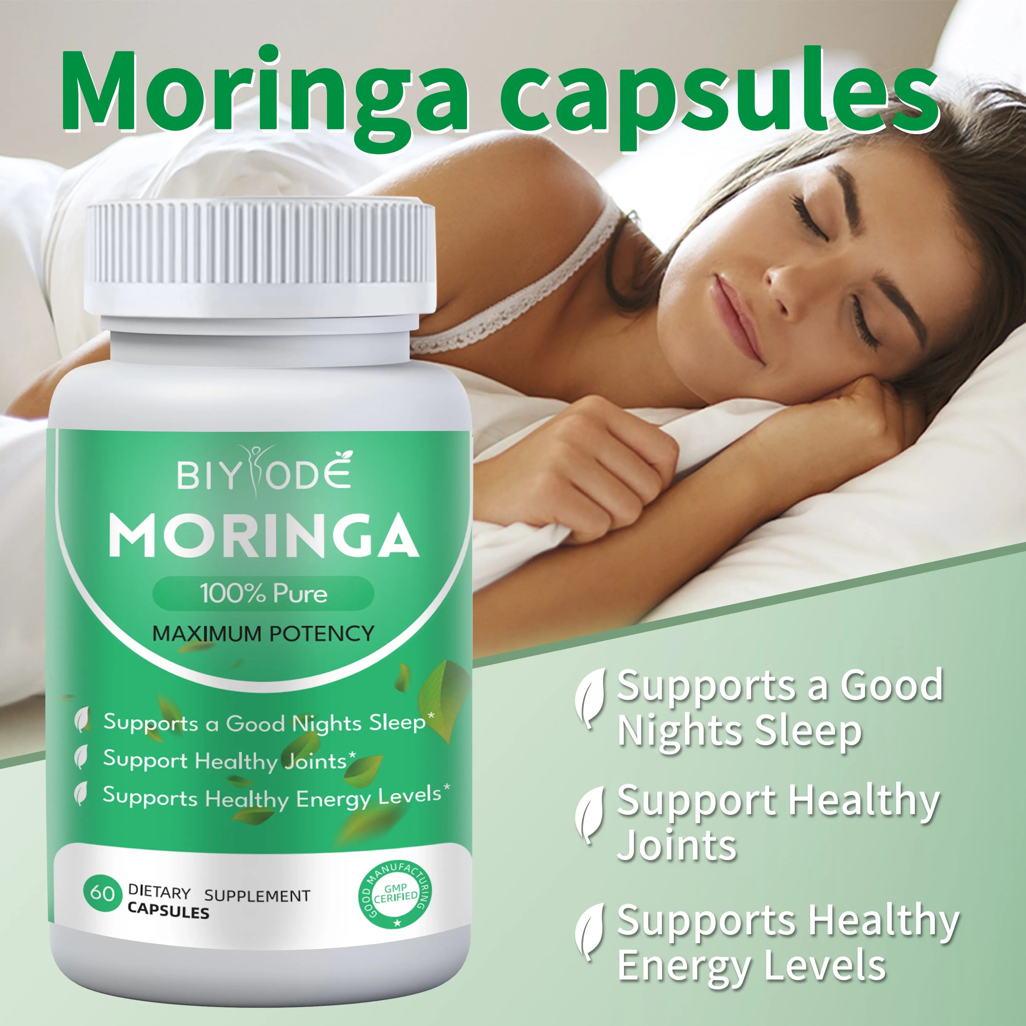Bottle of moringa extract capsules 60ct herbal supplement for immune detox sleep bone health support