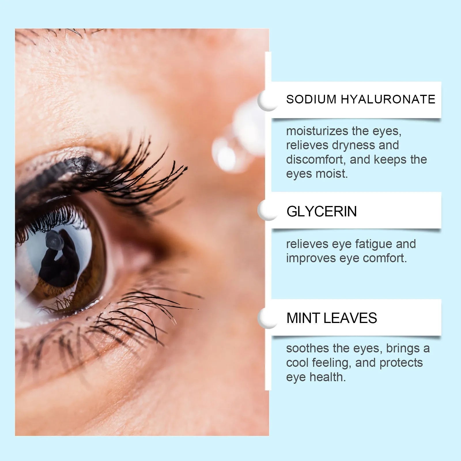 Bottle of mint leaf infused moisturising eye drops for dry eye relief.