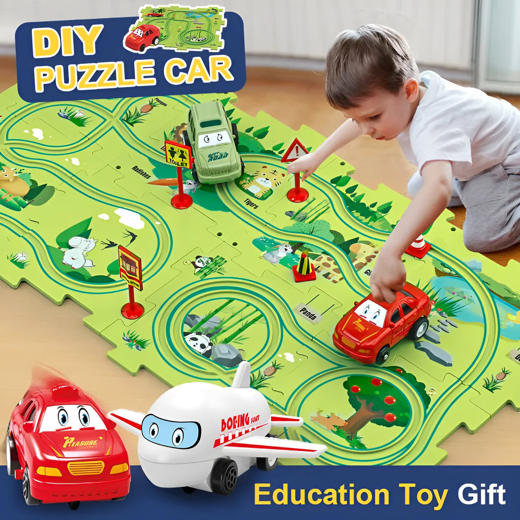 Children puzzle electric railroad speeder with DIY assembly track and automatic car, dinosaur theme