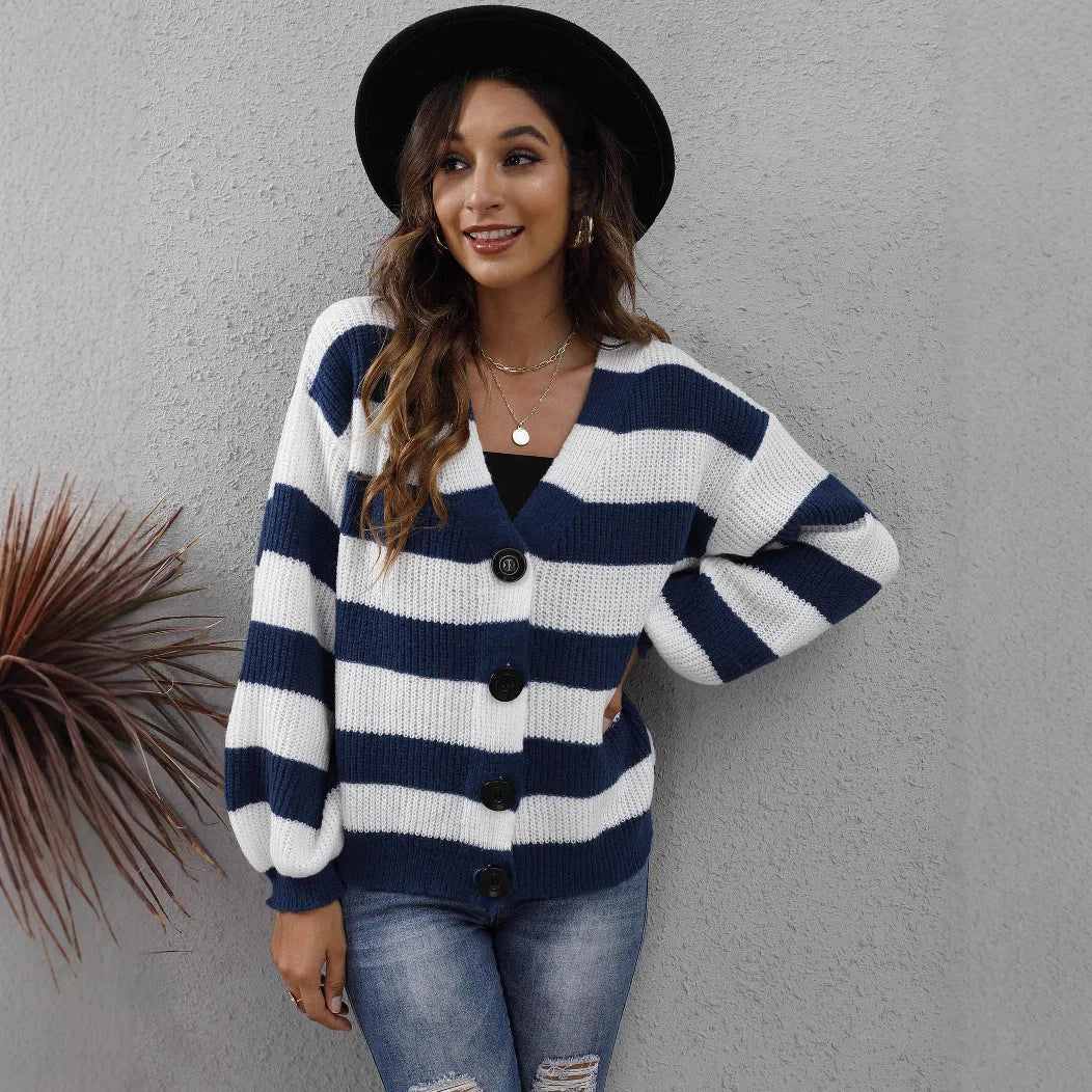 Women's striped cardigan sweater in deer plush polyester with button front in blue, black, brown, or dark green.