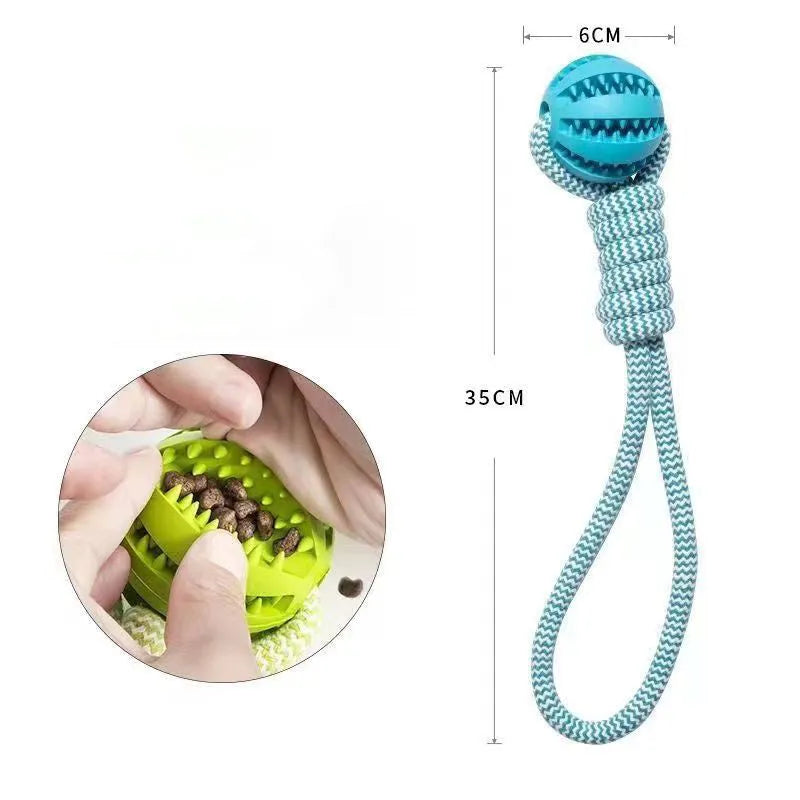 Interactive dog treat ball with hemp rope in blue for small dogs chewing and playing tug of war