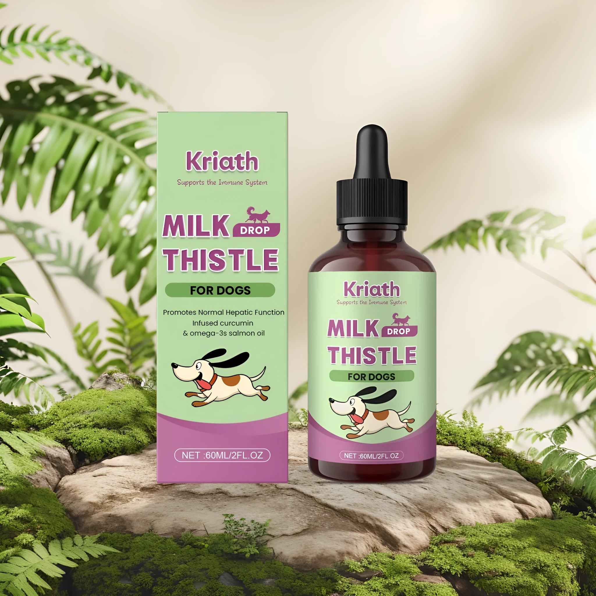 60ml bottle of dog milk thistle extract nutrient solution with turmeric and omega-3 fatty acids.