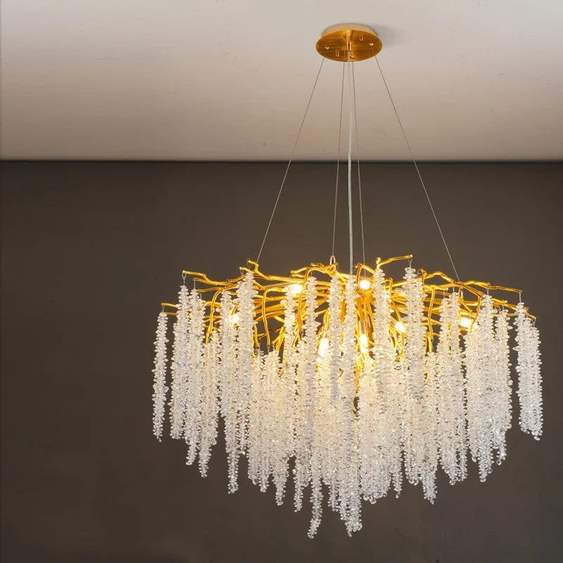 Adjustable height crystal chandelier lamp in round and long styles for living room or dining room.