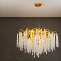 Adjustable height crystal chandelier lamp in round and long styles for living room or dining room.