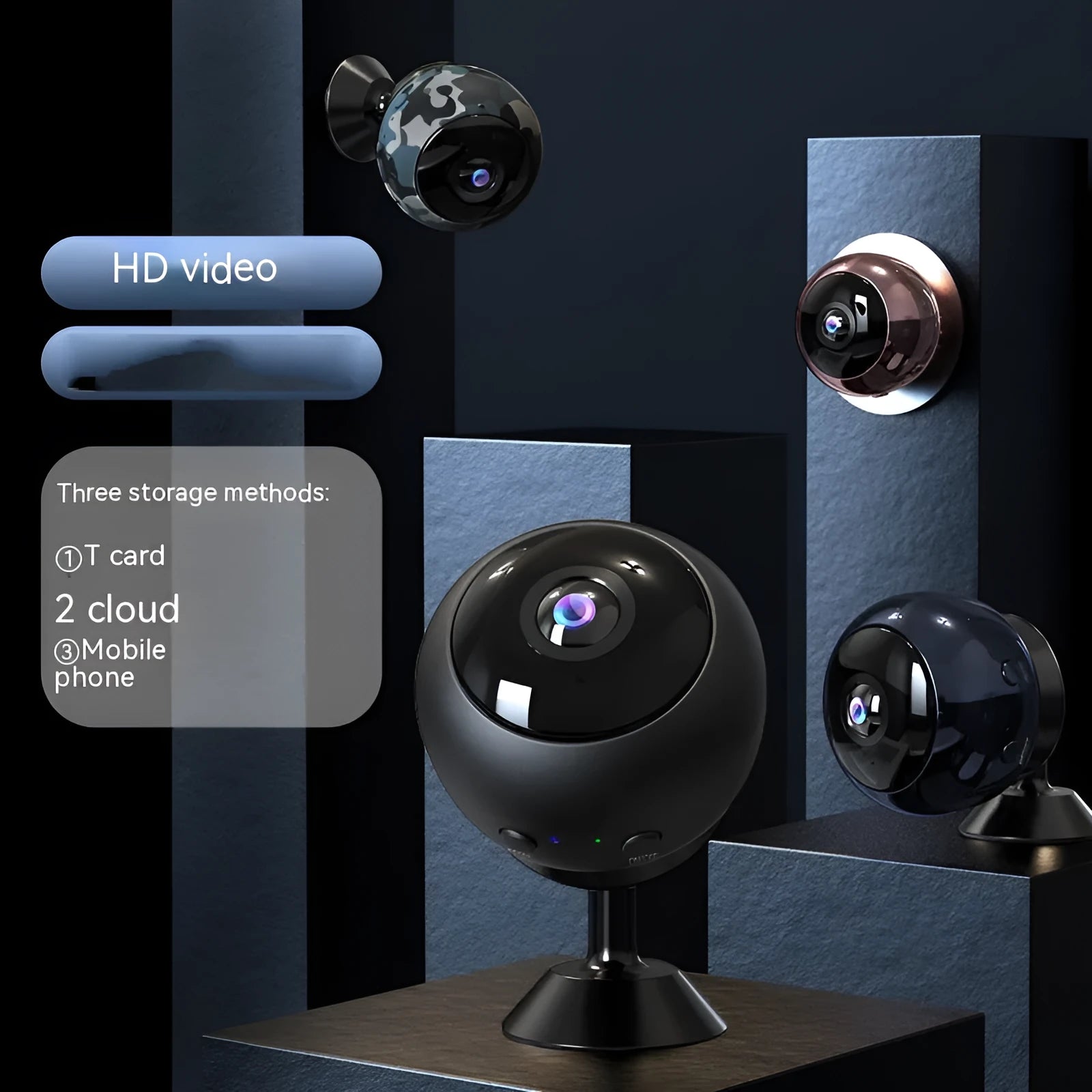 1080p wireless WIFI security camera with ABS housing and USB cable for power.