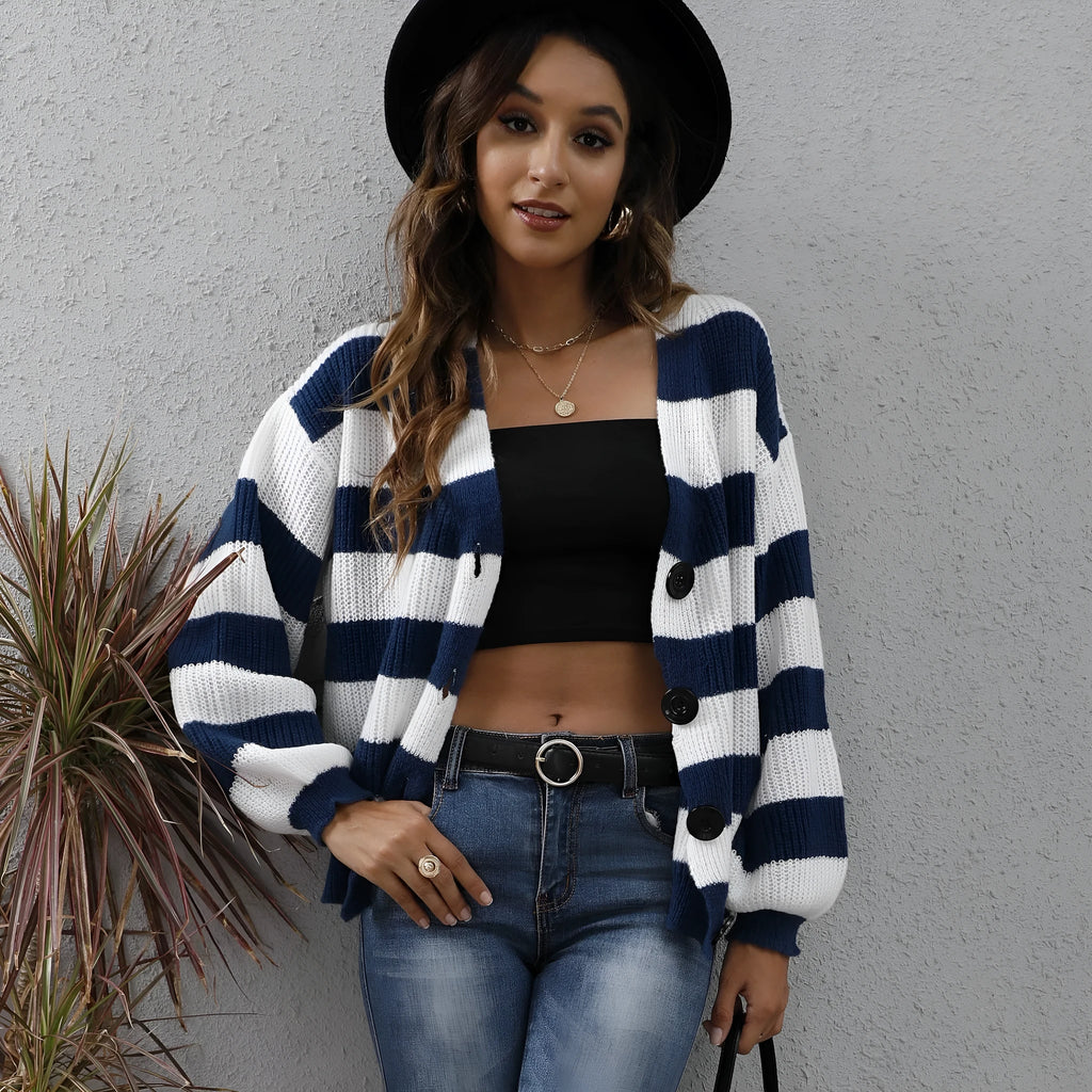 Women's striped cardigan sweater in deer plush polyester with button front in blue, black, brown, or dark green.