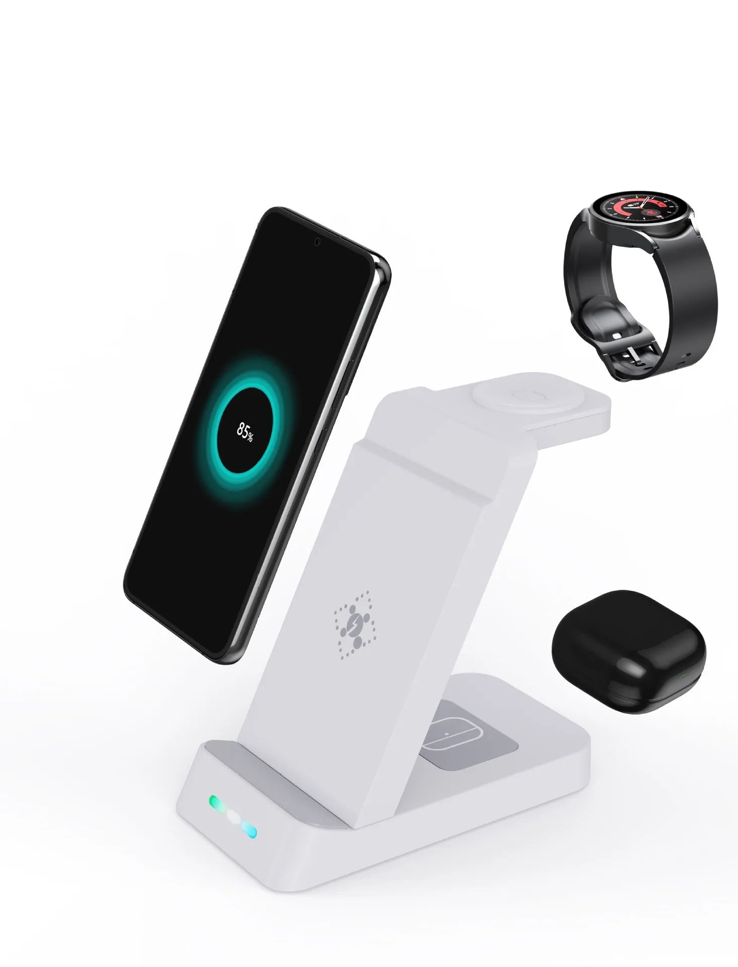 Black 3-in-1 wireless charging station showing a phone, AirPods case, and smartwatch charging on its stand.