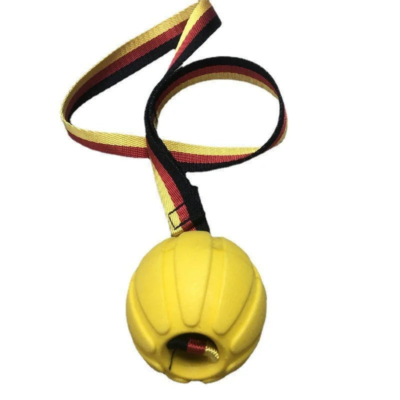 Floating EVA foam dog training ball with string in camouflage or yellow colour, shown in 6.5cm, 7cm, and 9cm diameter sizes