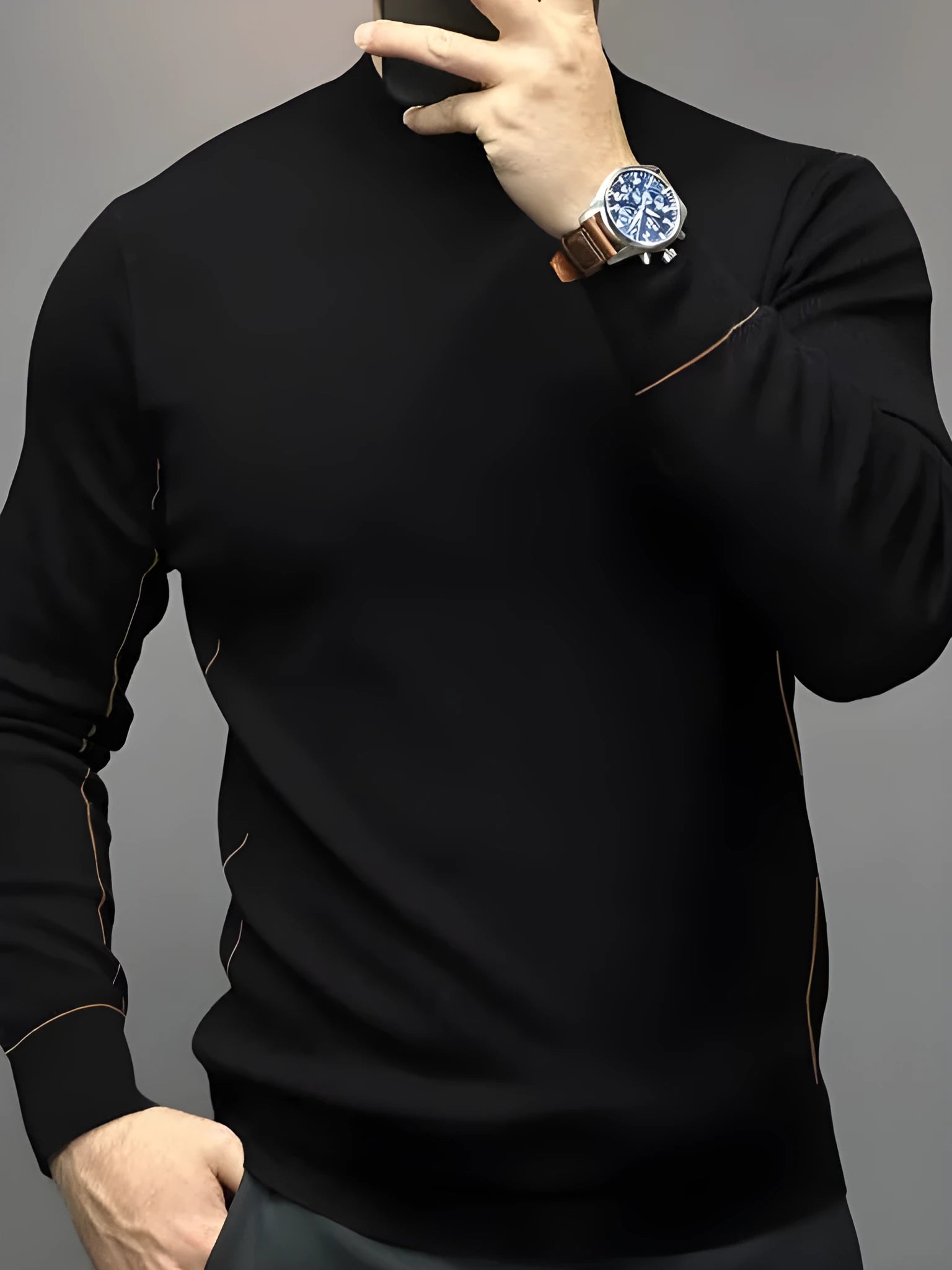 GentleKnit Contrast Sweater in Black, colour block knit design, front view