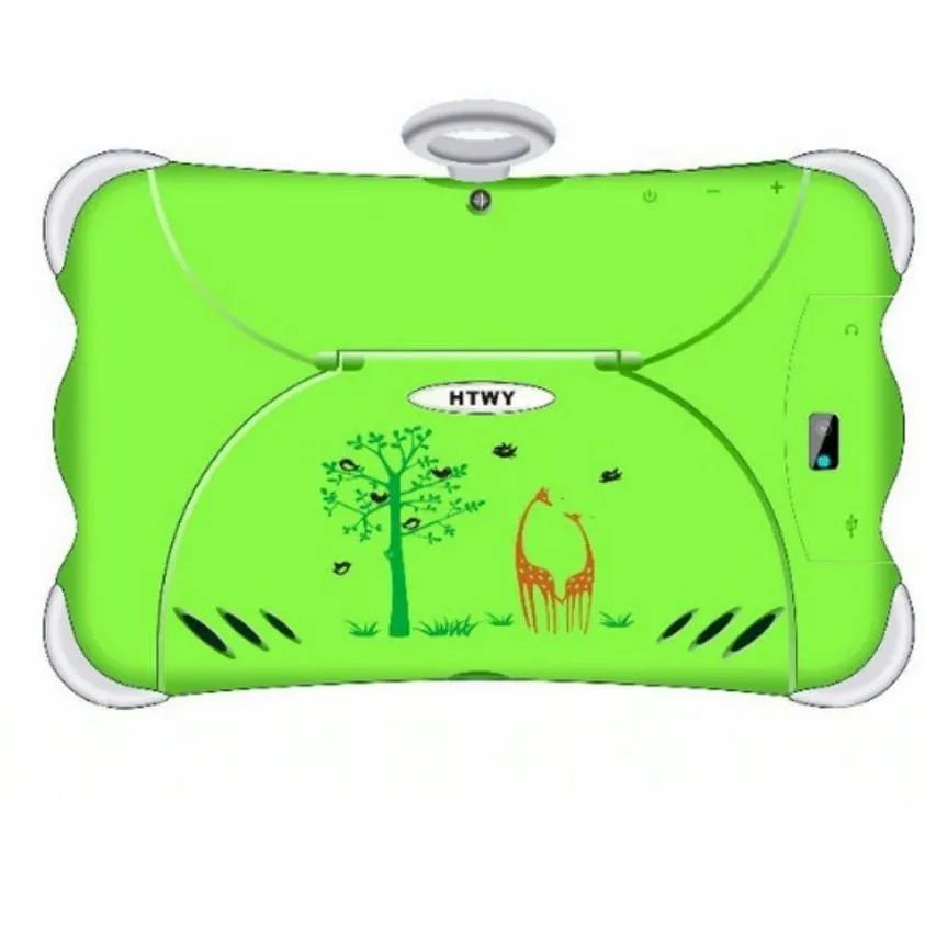 7-inch children's learning tablet with protective stand in cartoon colours showing screen display