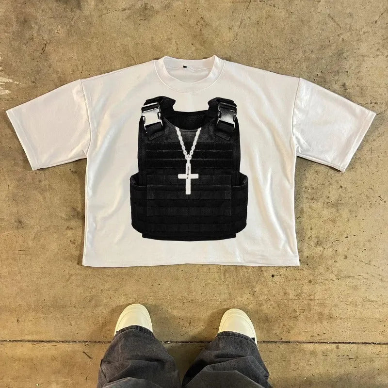 A printed short sleeve cotton t-shirt with drop shoulders in a retro street style.