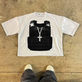 A printed short sleeve cotton t-shirt with drop shoulders in a retro street style.