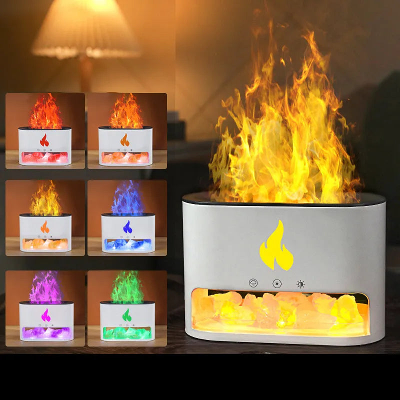 Square white desktop humidifier with colourful flame lighting effect and USB cable