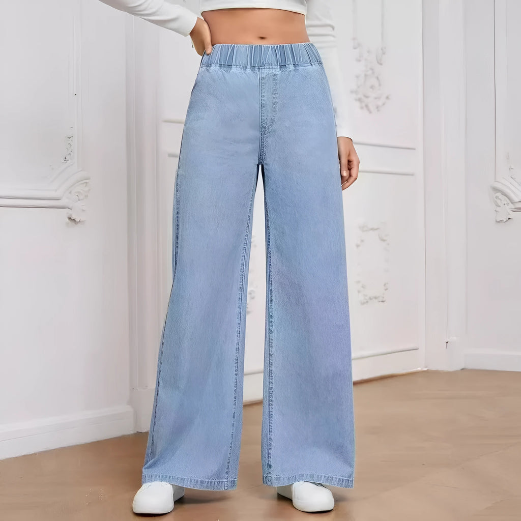 Plus size light blue washed denim wide-leg jeans with straight cut and mid-rise waist