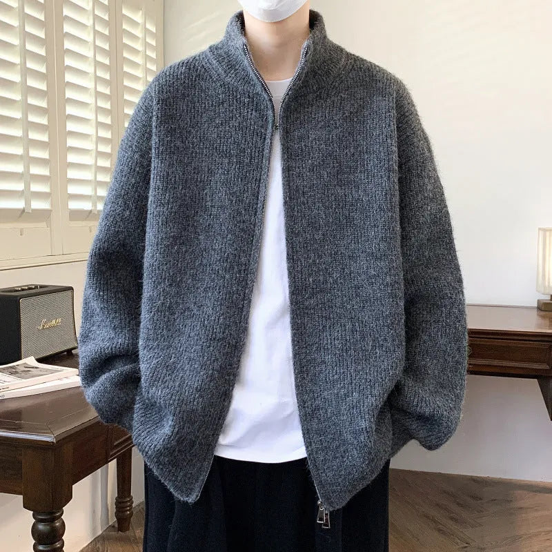 Men's casual stand collar cardigan sweater in beige, sizes M to 3XL, made from Vinylon fabric