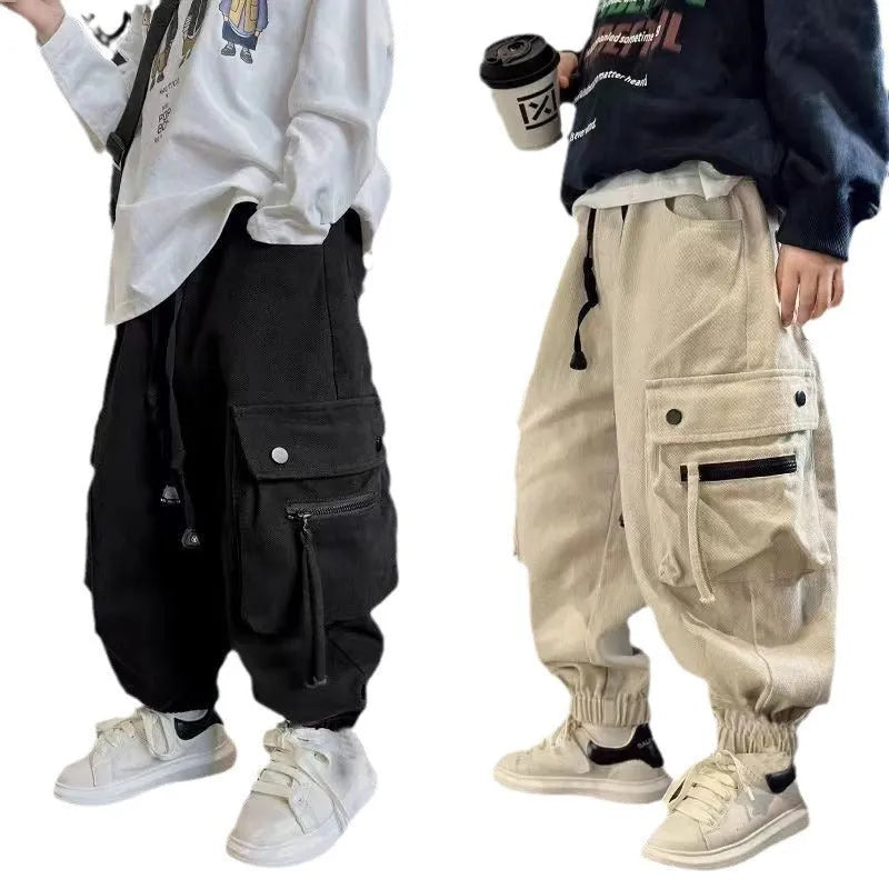 Children's cotton workwear trousers in beige and black, mid waist, for heights 120-170cm