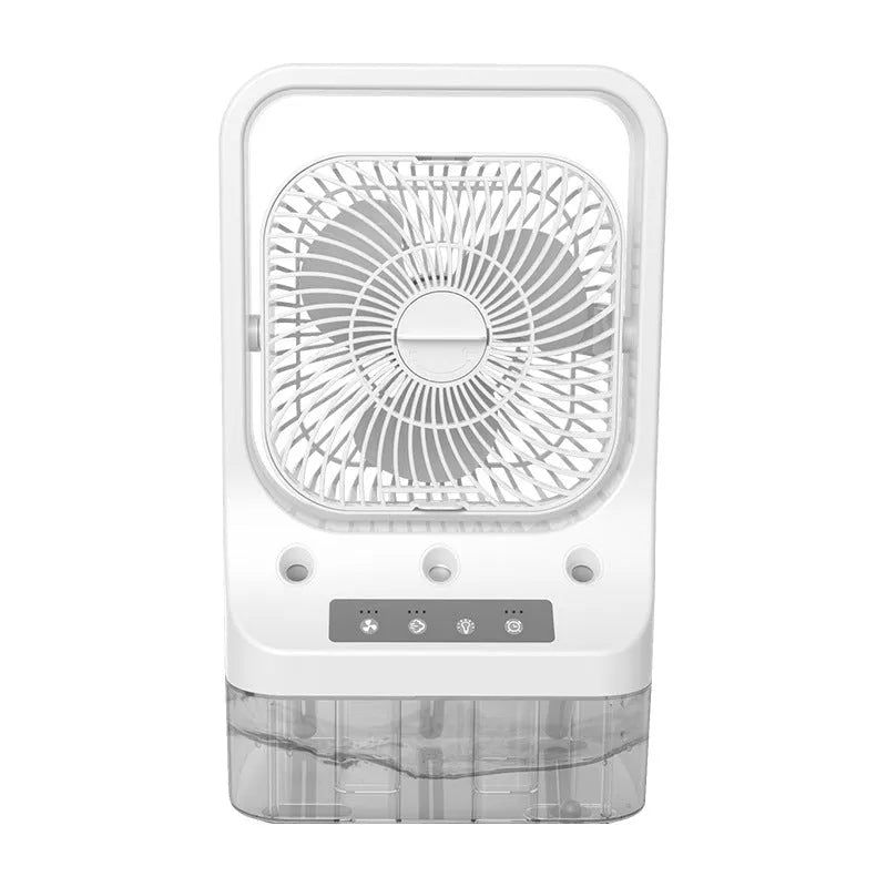 White household cooling fan with USB-C charging port, adjustable head, water tank, and colourful night lights