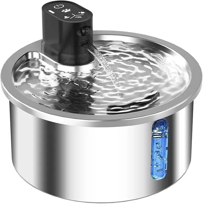 Stainless steel automatic pet water fountain with heater and thermostat control.