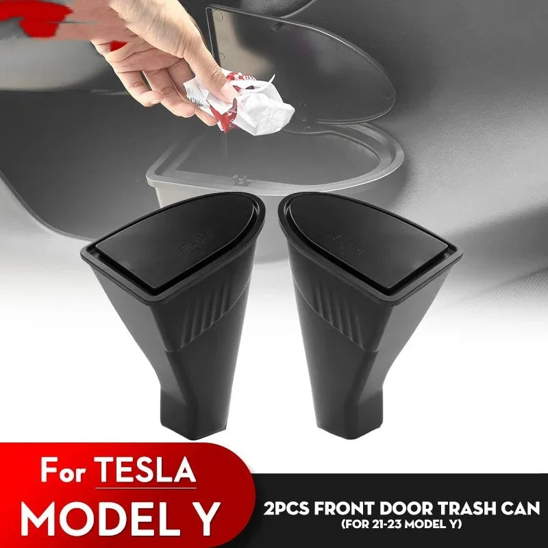 Two black ABS plastic car door trash cans for Tesla Model Y.