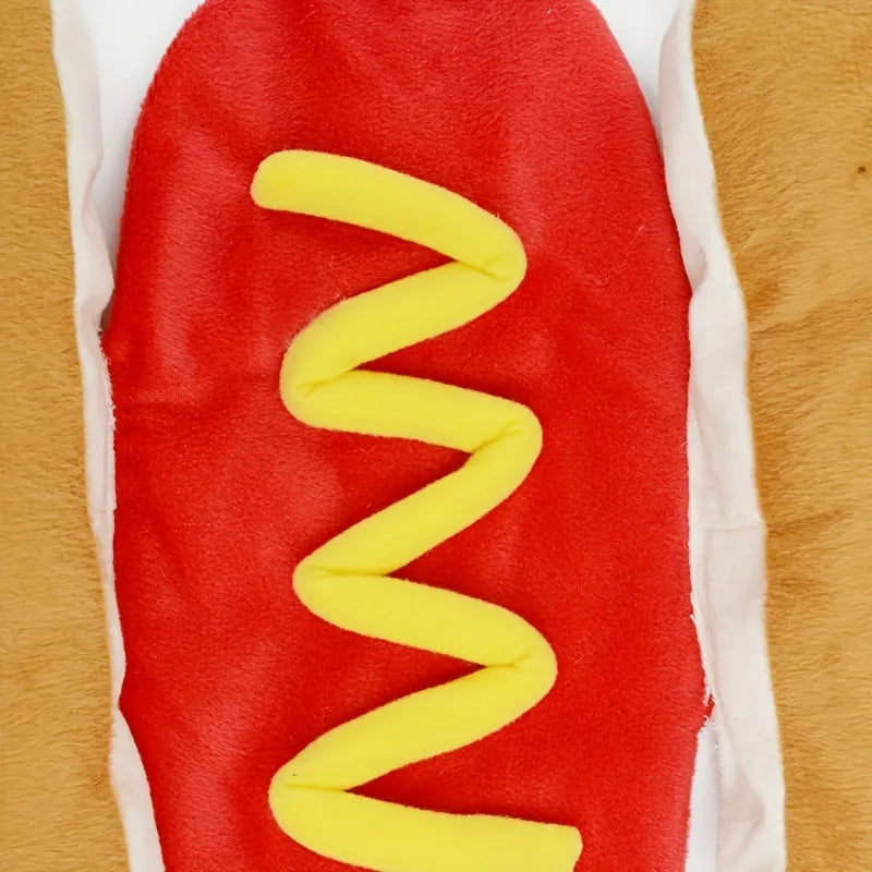 Funny stuffed hot dog costume suit on a small dog for party or cosplay