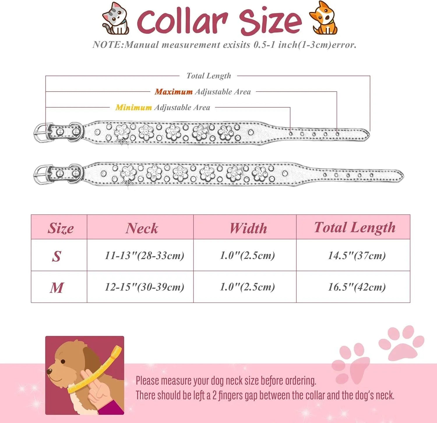 Black PU leather dog collar with sparkling rhinestone flower pattern and metal studs, showing adjustable eyelets and D-ring.