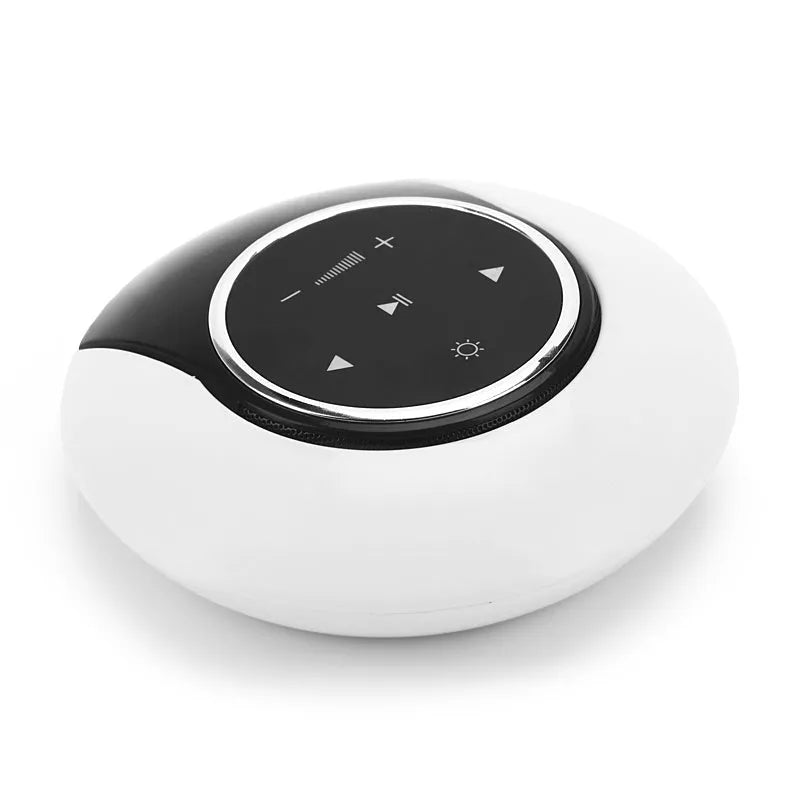 Blue and white Bluetooth speaker desk lamp with folded head on a wooden table, showing touch panel.