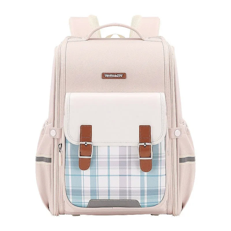 Lightweight large capacity student school backpack in Oxford cloth available in navy blue, pink, green, and beige.
