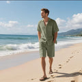 A man's linen blend short sleeve shirt and matching shorts set in a light blue colour, laid flat.