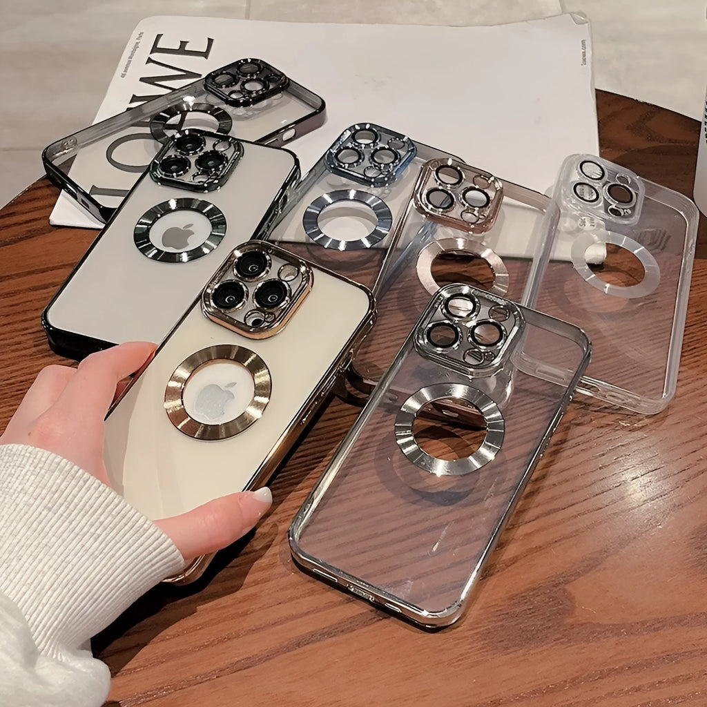 Transparent electroplated silicone iPhone case showing integrated camera lens protector and precise button cutouts