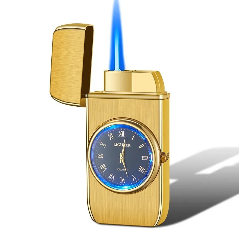 Metal multifunctional electronic lighter with watch display, wind-resistant flame and LED lighting in various colour finishes