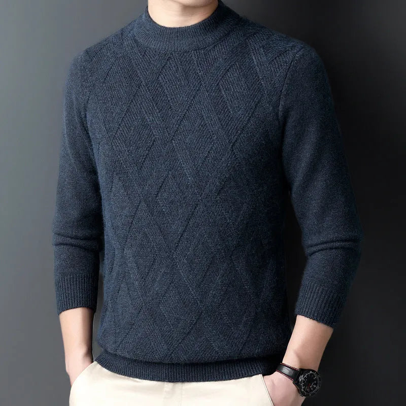Men's diamond jacquard knit winter sweater in wool blend, shown in light camel colour