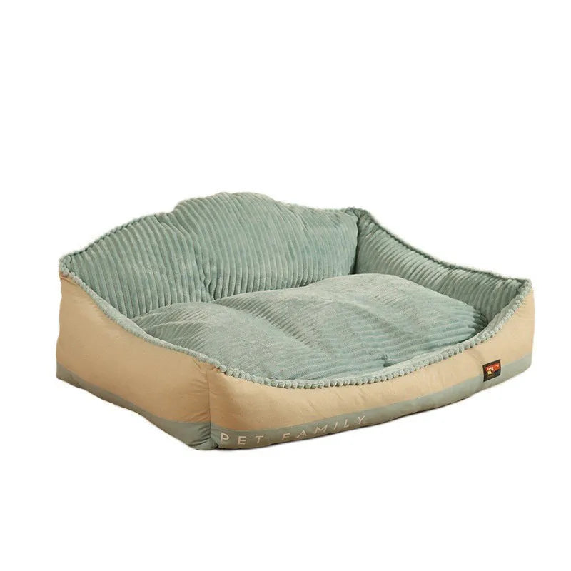 Morandi coloured washable dog mat and cat bed with a removable cover, shown in two sizes.