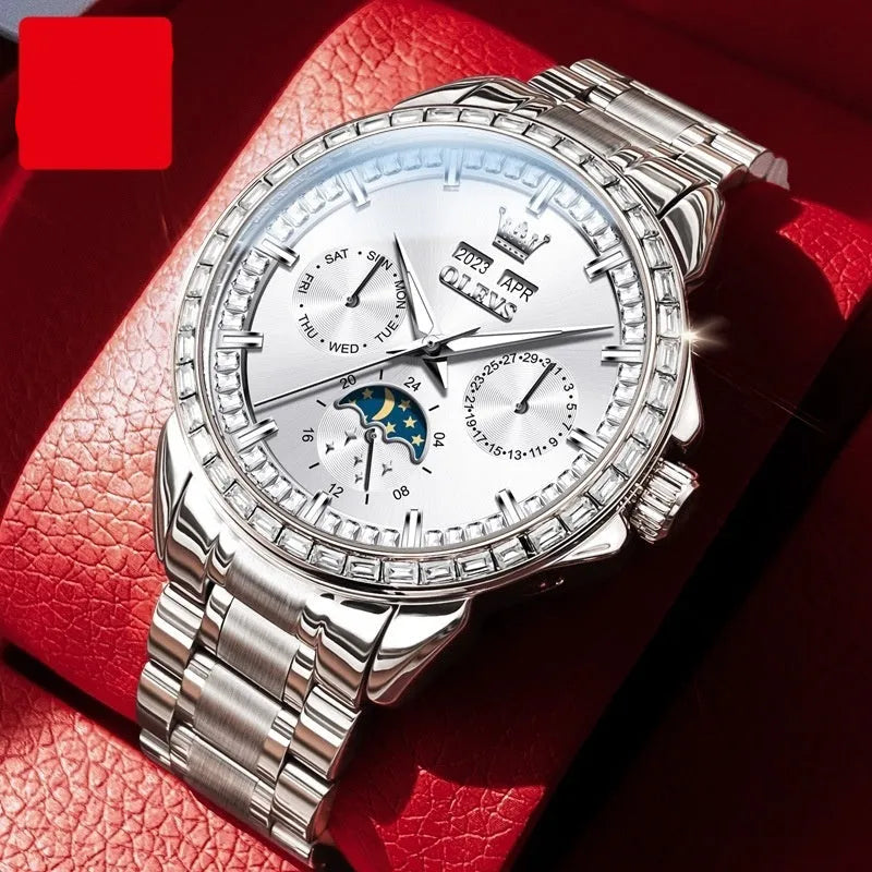 Men's automatic watch with diamond bezel and stainless steel bracelet on wrist, showing skeleton caseback.