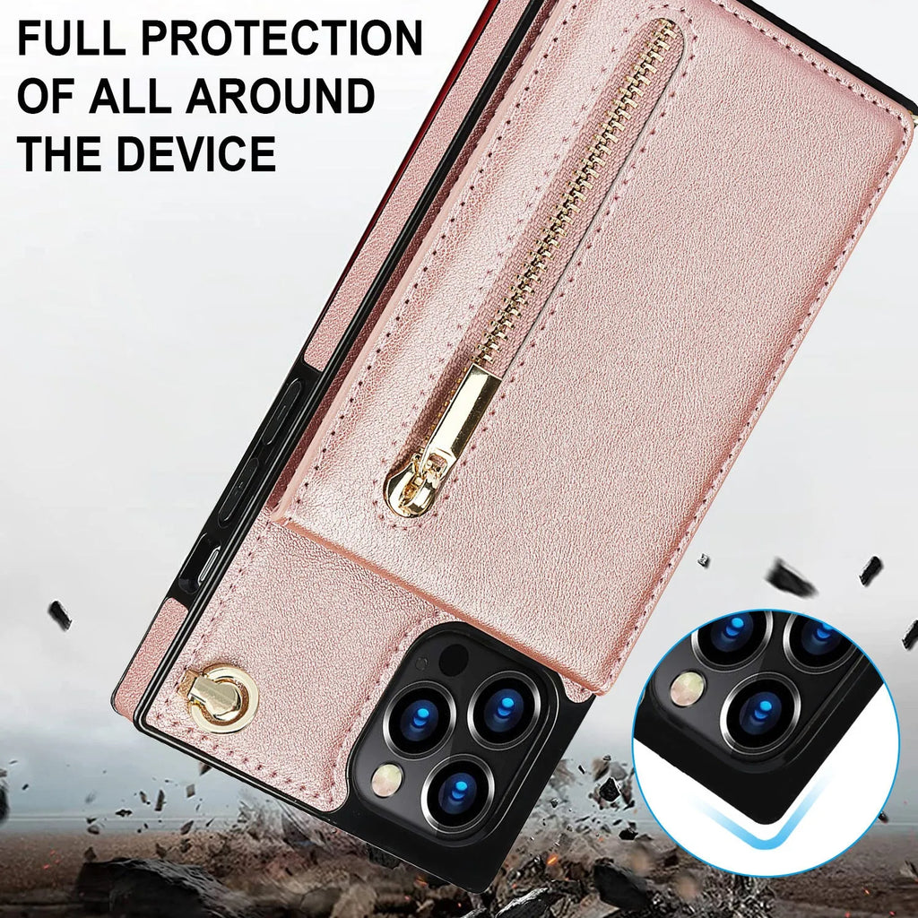 A simple black mobile phone case made from TPU and leather, shown next to purple and rose gold colour options.