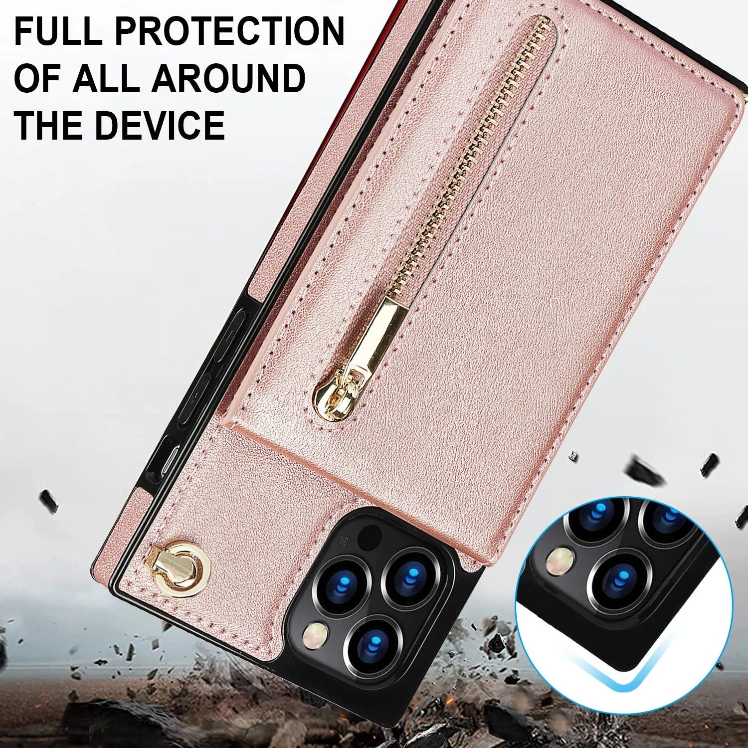 A simple black mobile phone case made from TPU and leather, shown next to purple and rose gold colour options.