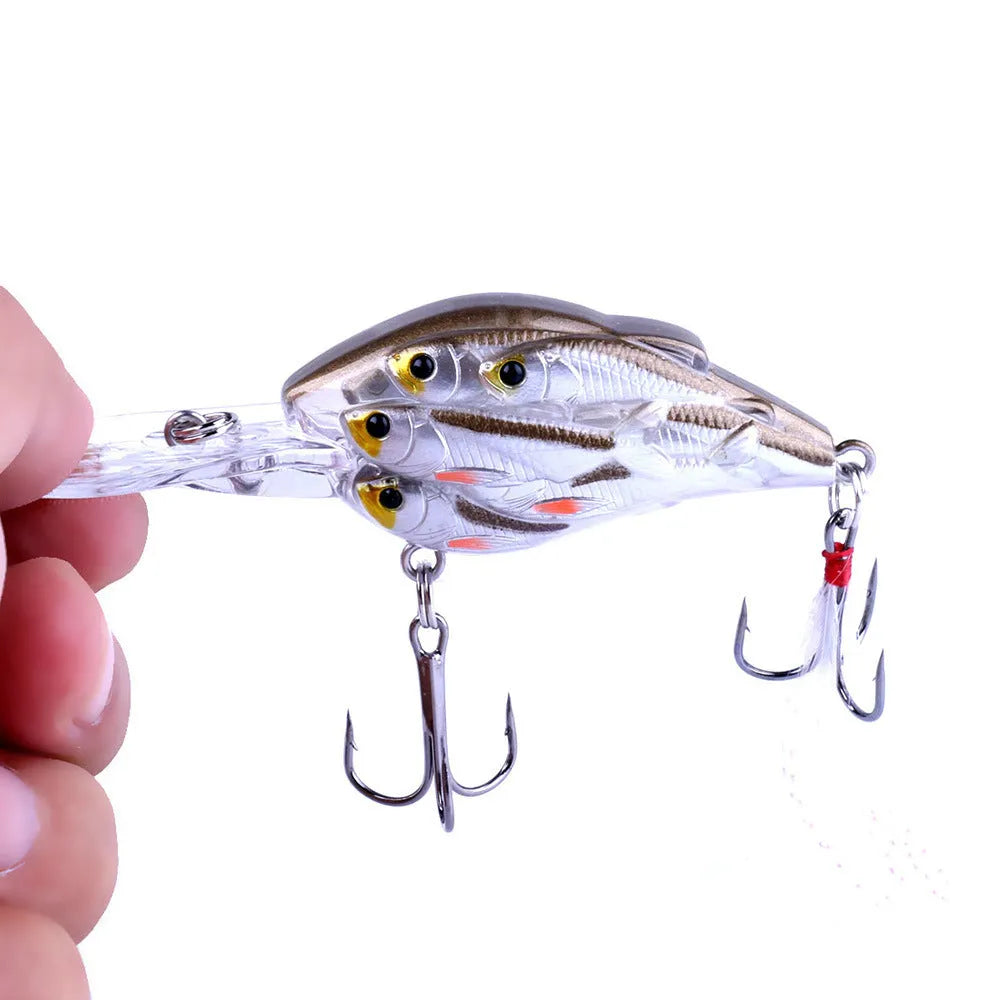 Set of nine multi-colour ABS plastic hard bait fishing lures with feather hooks.