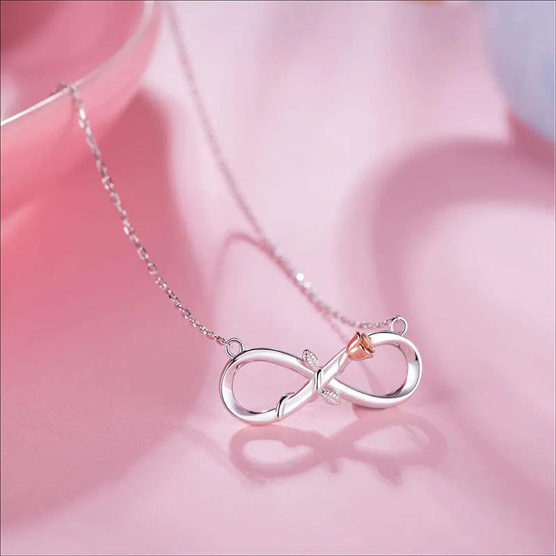 Double Fair S925 silver infinity symbol rose necklace on adjustable chain, two colour options