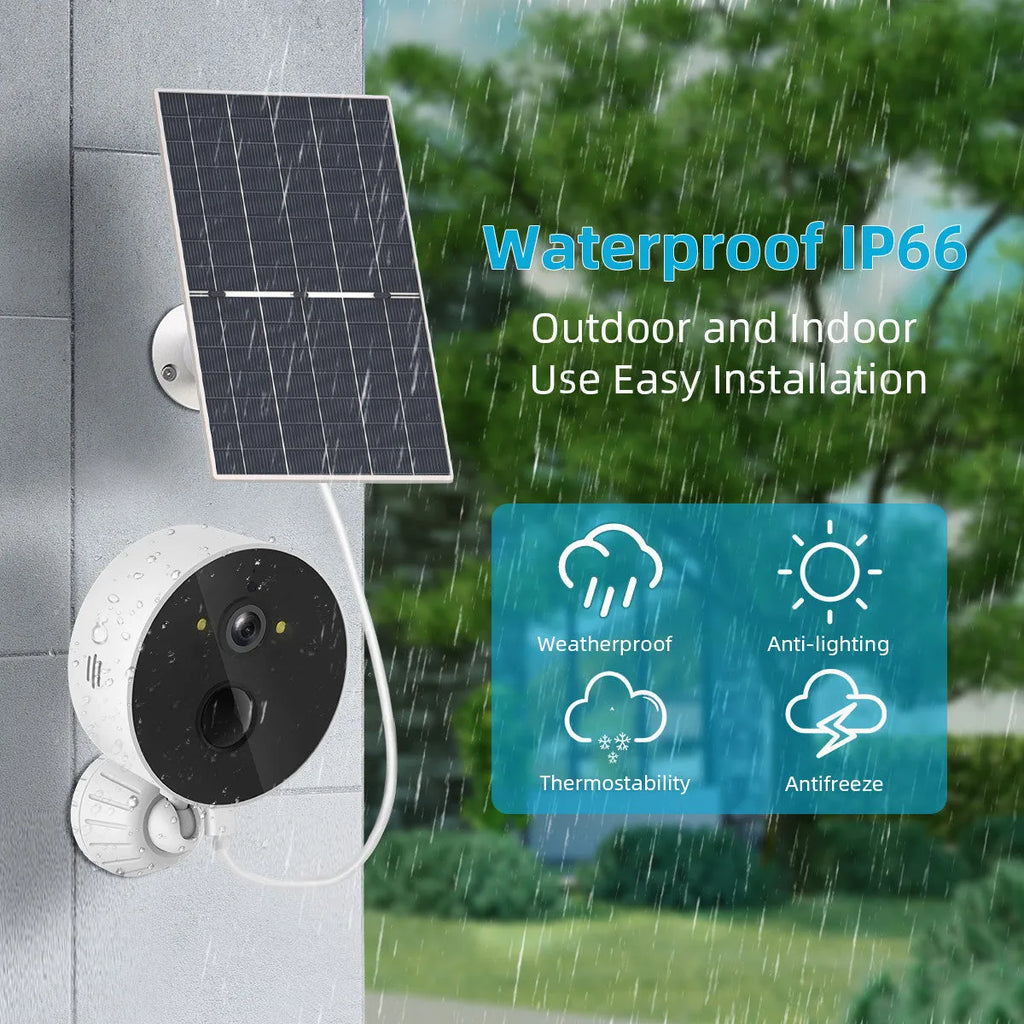 Outdoor security camera with attached solar panel for off-grid battery charging.